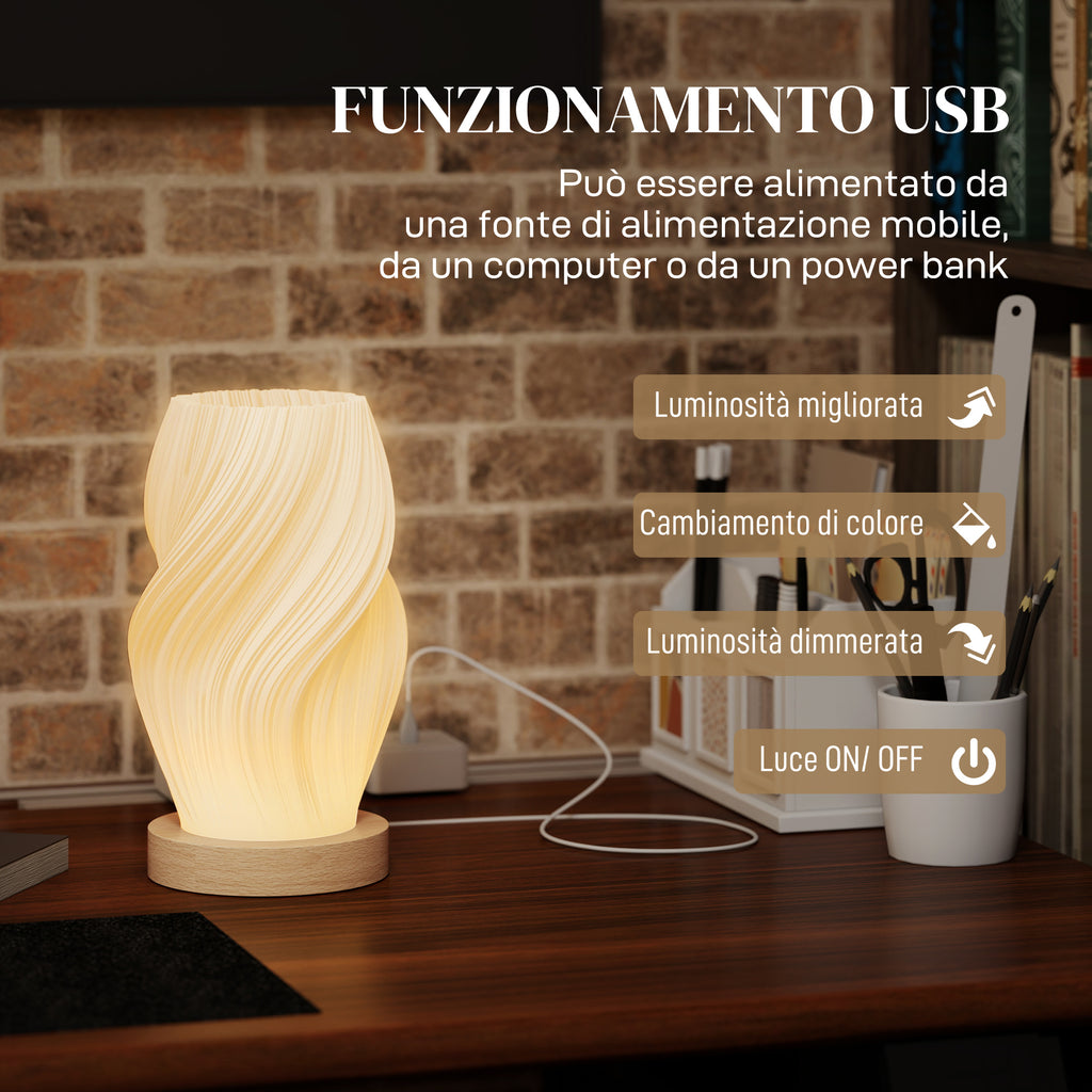 3-Color Wavy Table Lamp with USB Port, ABS and Rubber, Ø12x20 cm, White and Wood Color
