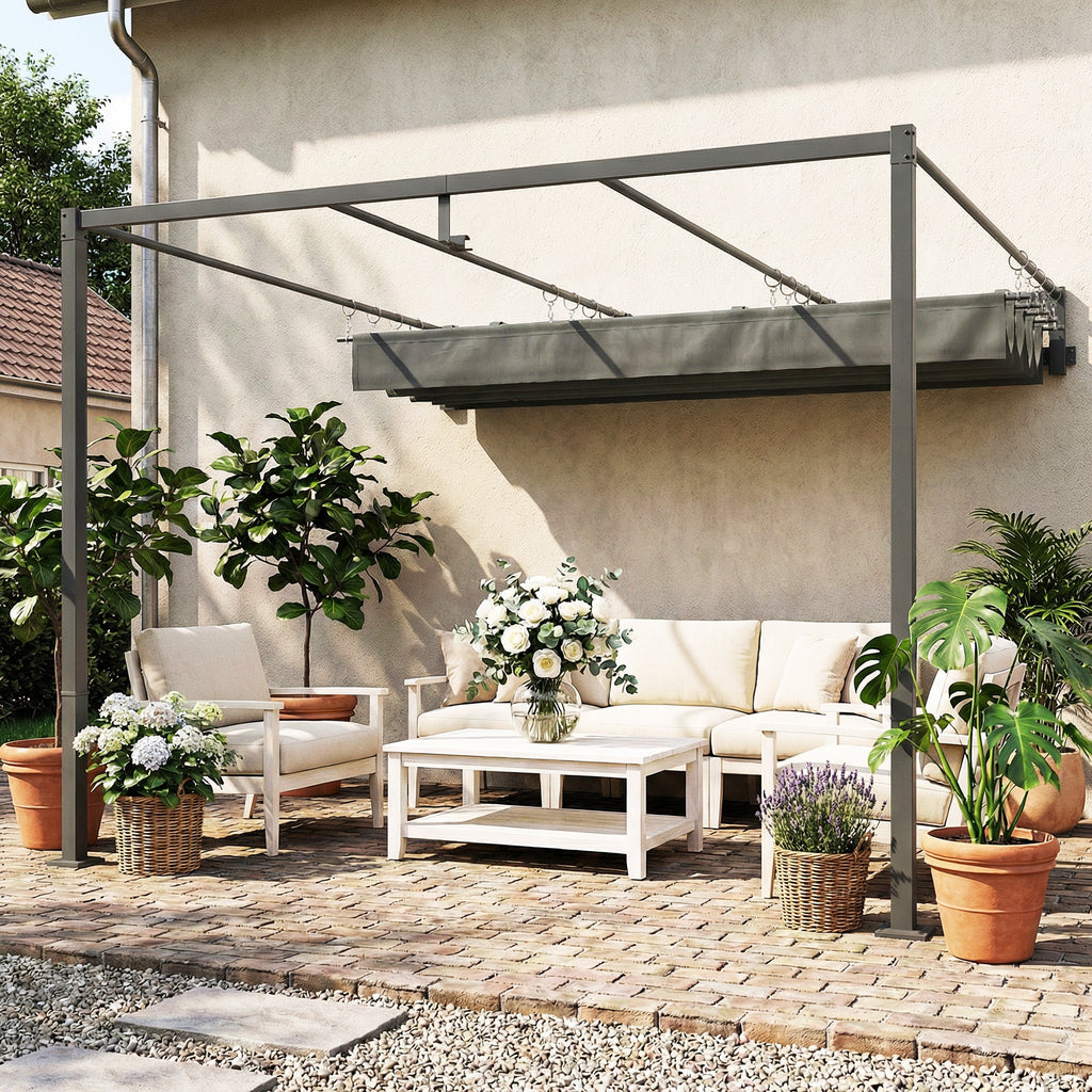 Outsunny 3x3m Lean-to Pergola with Retractable Sliding UV30+ Roof and Drainage Holes, Dark Grey