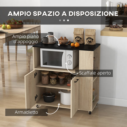 HOMCOM Chipboard Kitchen Trolley with Open Shelf, 2-Door Cabinet and Side Shelf, 75x40x80.5 cm