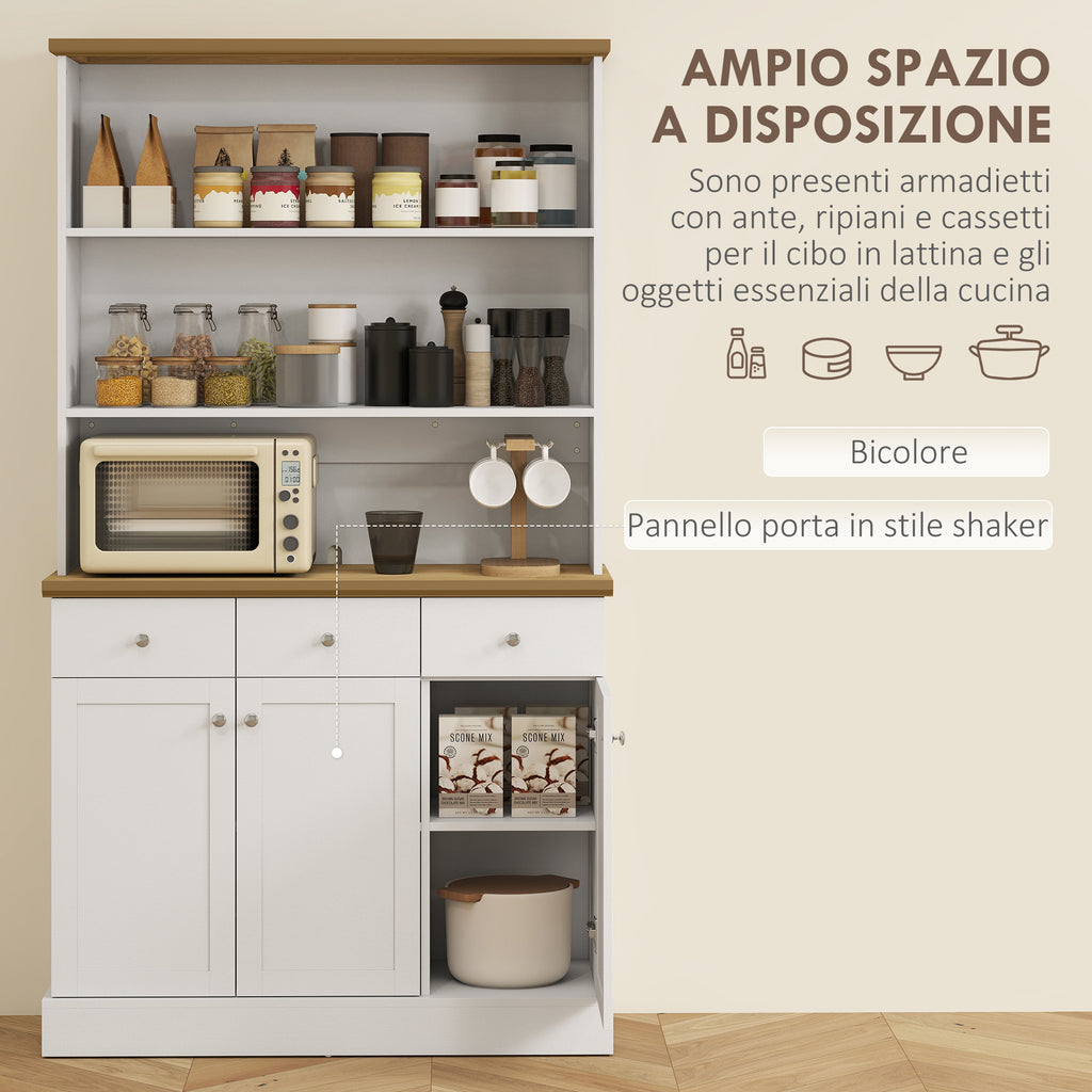 Kitchen Pantry with 3 Open Shelves, 3 Drawers and 2 Cabinets, Wooden, 101x39x180.5 cm, White and Wood Color