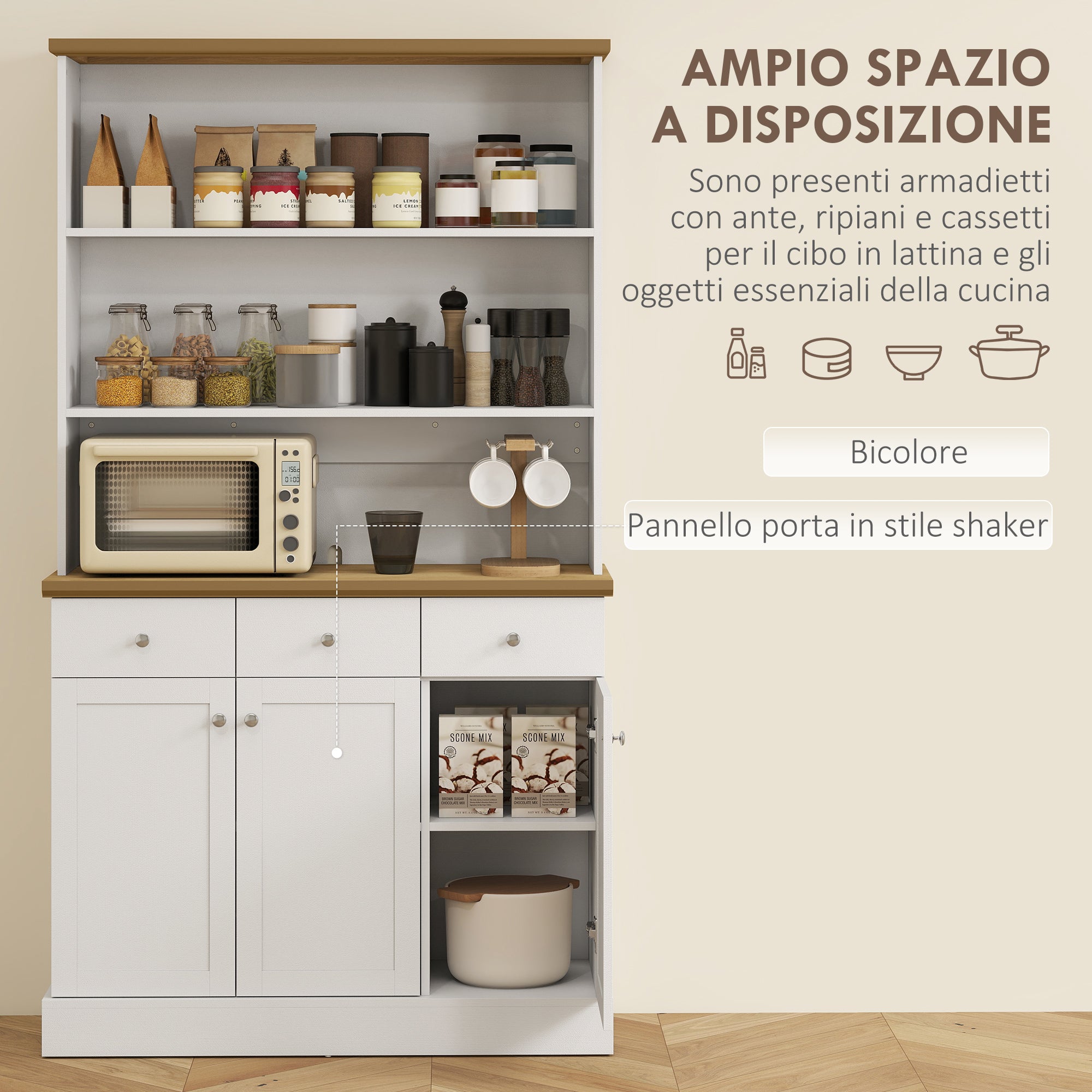 Kitchen Pantry with 3 Open Shelves, 3 Drawers and 2 Cabinets, Wooden, 101x39x180.5 cm, White and Wood Color