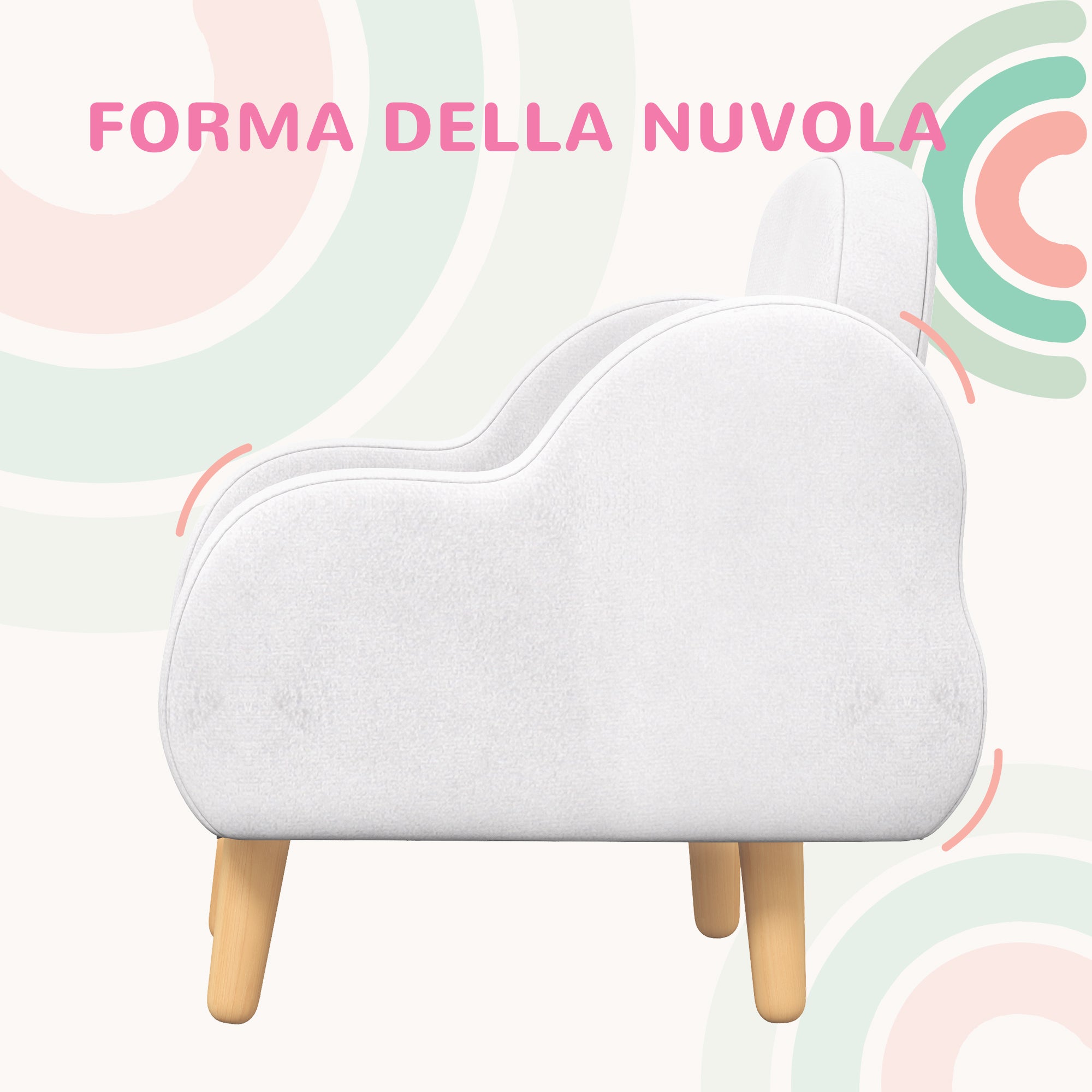 Scandinavian Style Children's Armchair with Cloud Armrests in White Fabric, 46x51x55 cm
