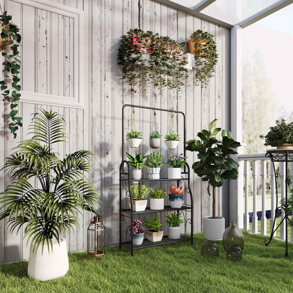 Outsunny 3-Tier Plant Stand with 3 Hooks, Metal, 162x221.5x163 cm, Black