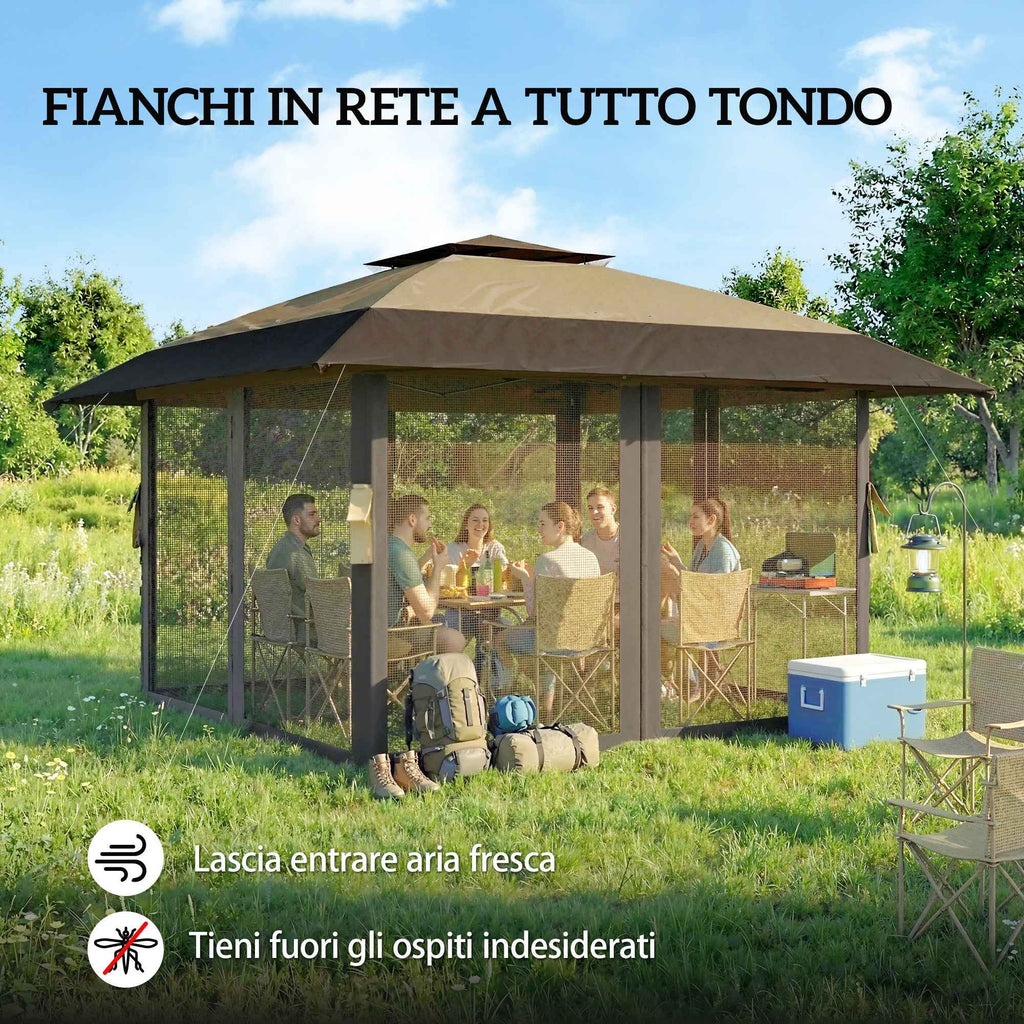 Outsunny 4x4m Folding Gazebo with 4 Side Mosquito Nets, Double Roof, and Sandbags, Khaki and Brown