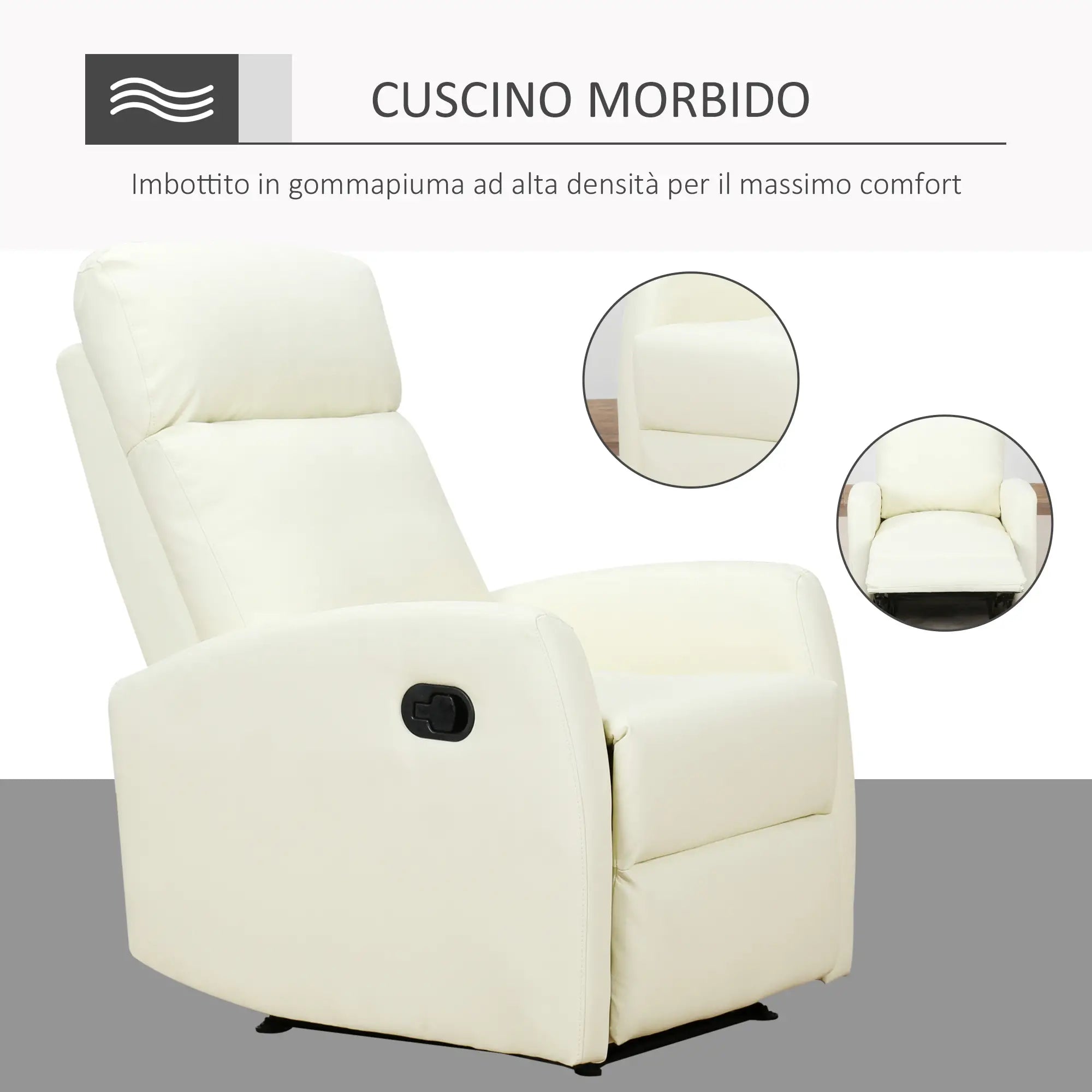 165° Reclining Relax Chair with Adjustable Footrest Ergonomic PU Leather, 65 × 92 × 100cm Cream