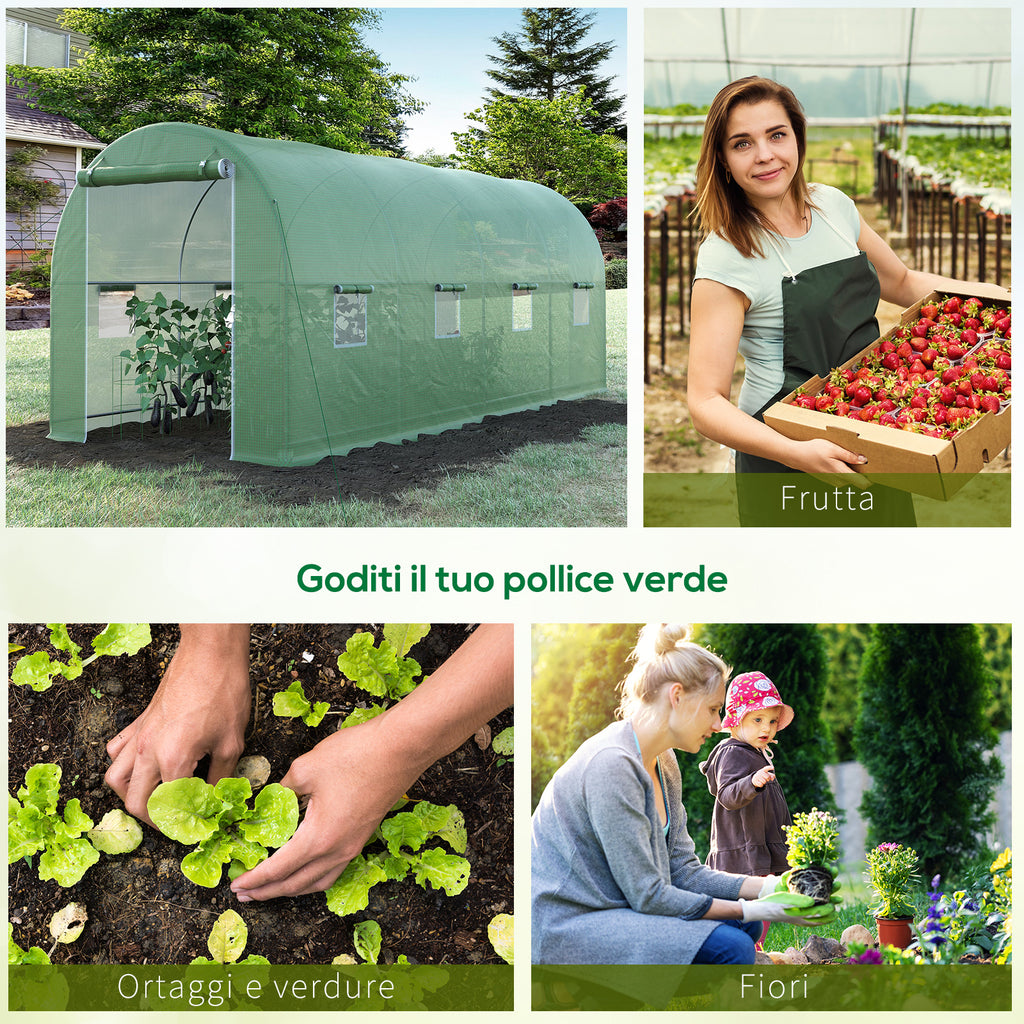 Outsunny 5x2x2m Garden Tunnel Greenhouse with 8 Windows and a Roll-Up Door, Green
