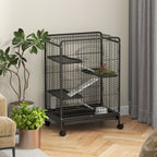 Small Animal Cage with Wheels, Rabbit and Chinchilla Cage with 3 Ramps and 3 Platforms, Bowl and Bottle, 61.5x44x95 cm, Black