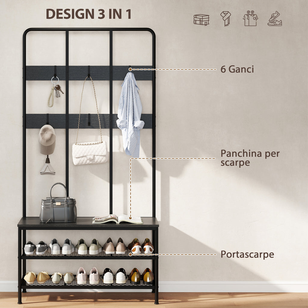 3-in-1 Hallway Coat Rack with 6 Hooks and Shoe Rack Bench, 91x36x180 cm, Black