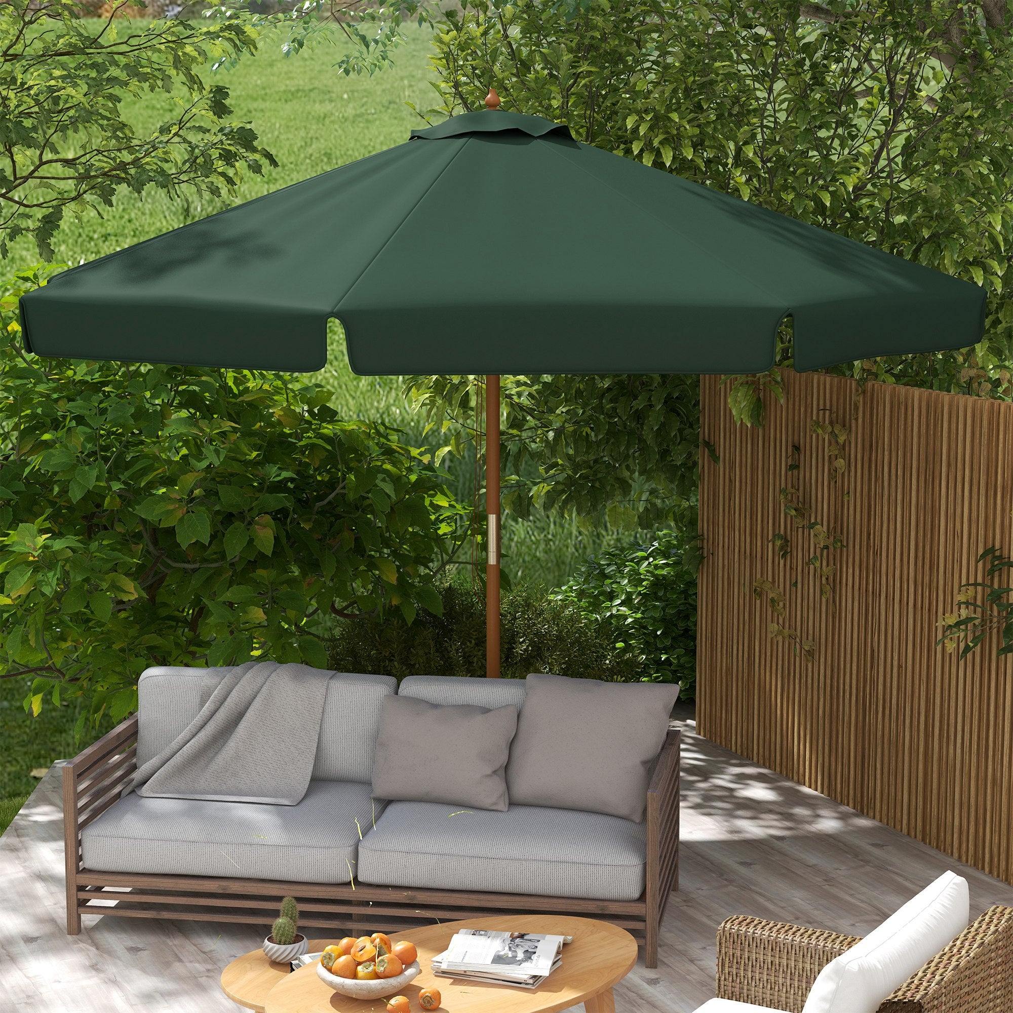 Garden Umbrella with Double Canopy, in Bamboo and Polyester, Ø325x250 cm, Green