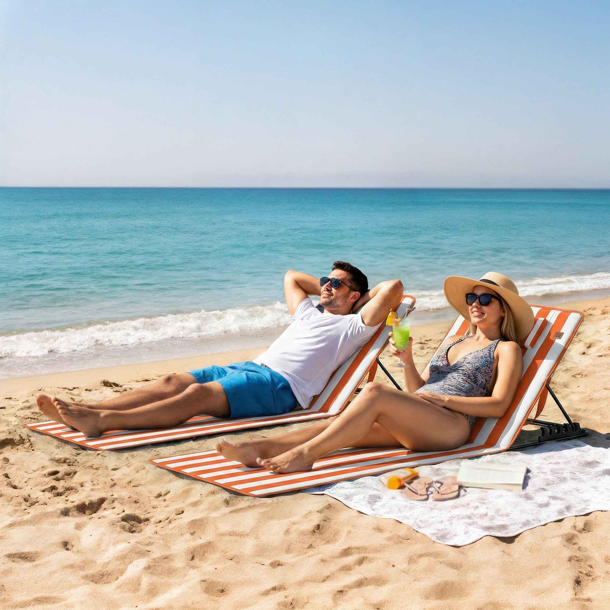 Outsunny Set of 2 Portable Folding Beach Loungers with Adjustable Backrest, Orange.