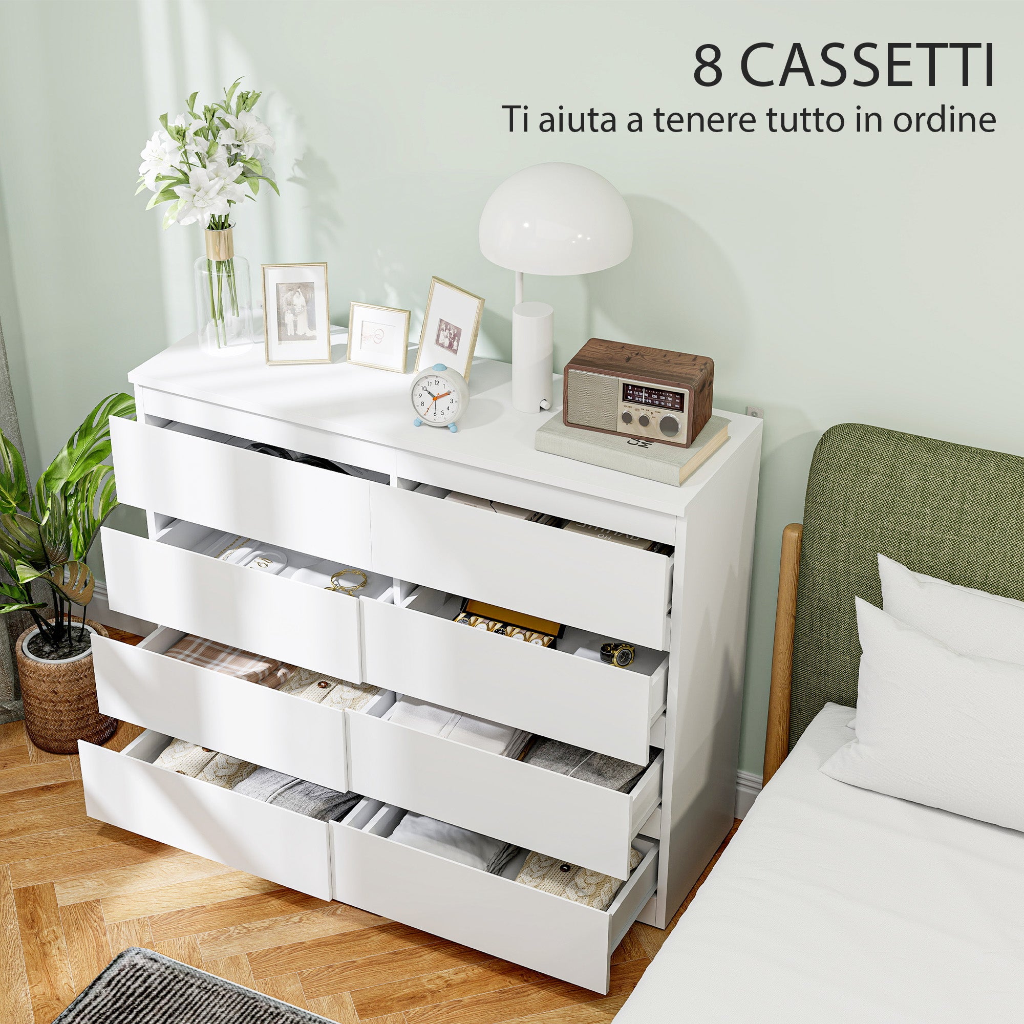 8 Drawer Chest of Drawers for Bedroom Wooden with Grooved Handles, 120x39x100 cm, White