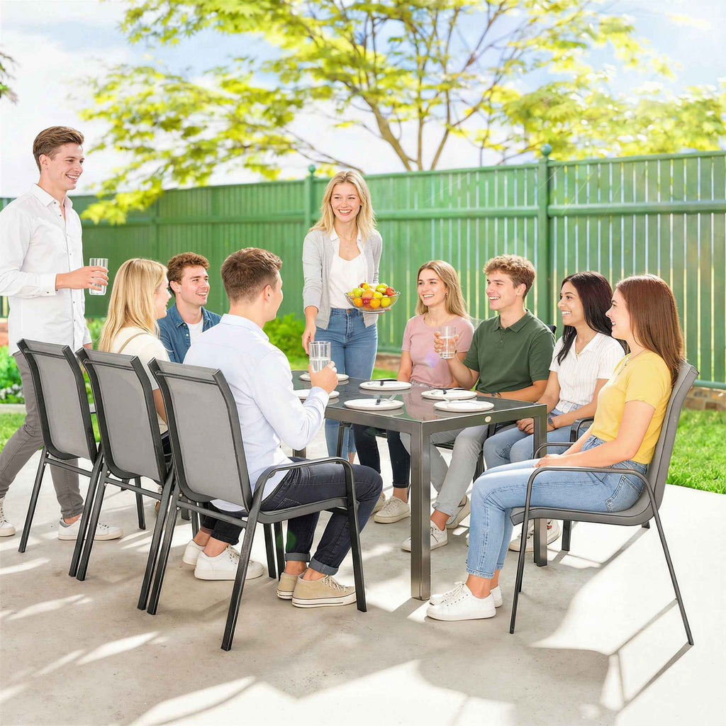 Outsunny 9-Piece Outdoor Set with 8 Stackable Texteline Chairs and Glass-Top Coffee Table, Light Grey