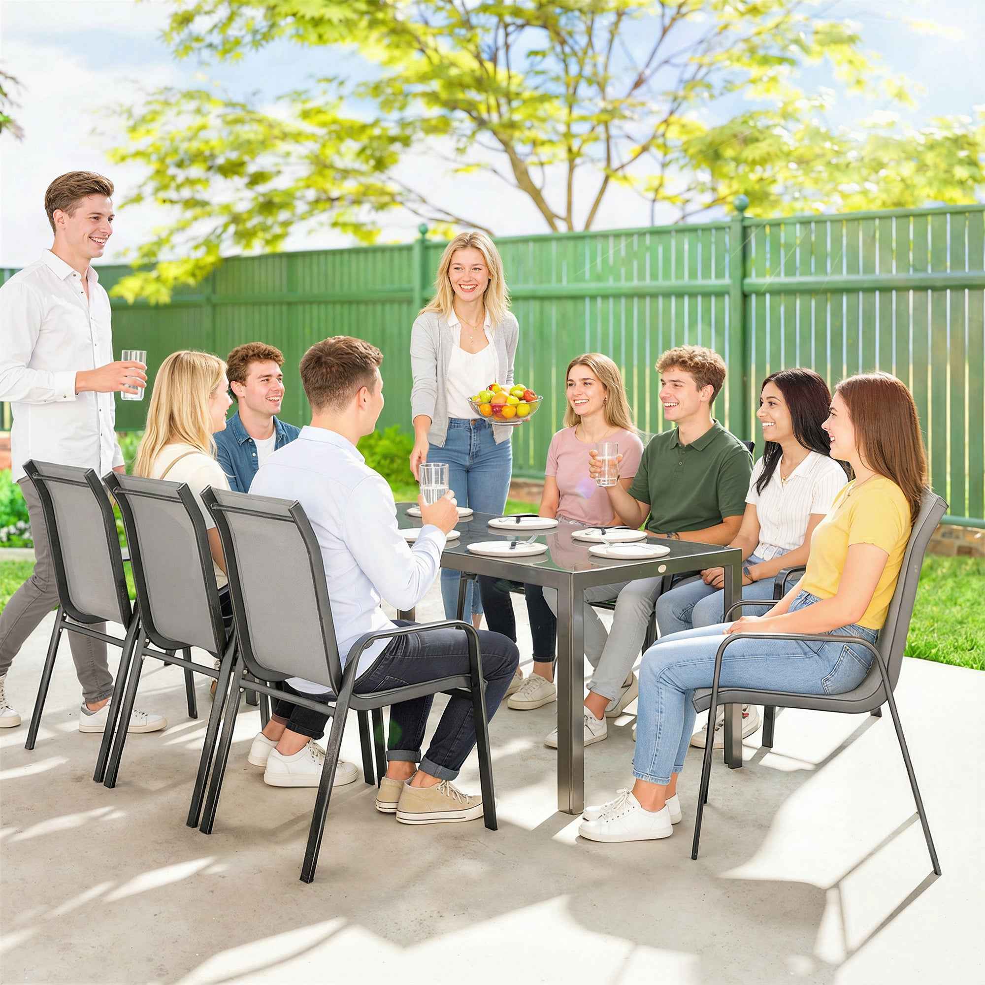 Outsunny 9-Piece Outdoor Set with 8 Stackable Texteline Chairs and Glass-Top Coffee Table, Light Grey