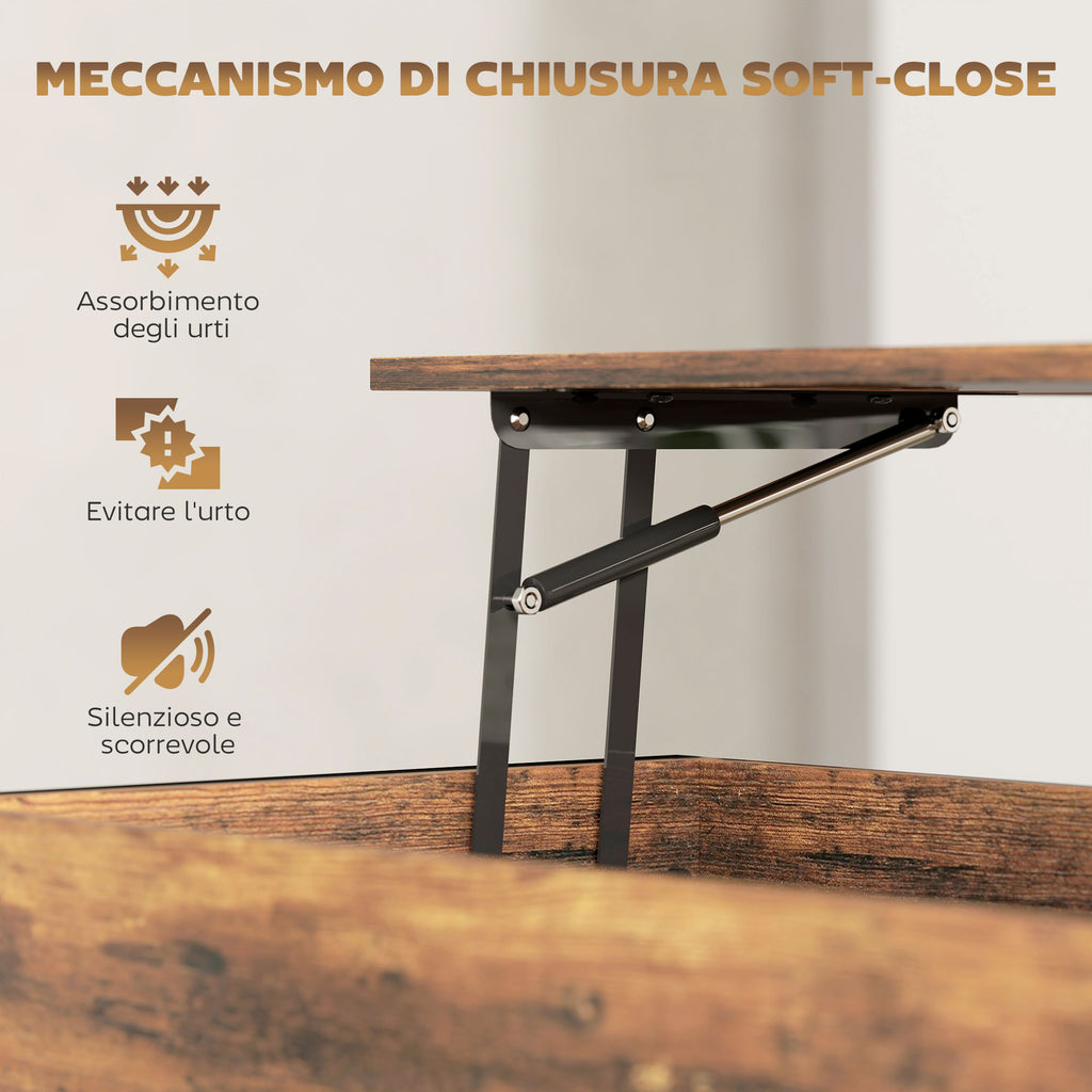 Industrial Style Lift-Up Coffee Table with Hidden Storage and Bottom Shelf, Brown