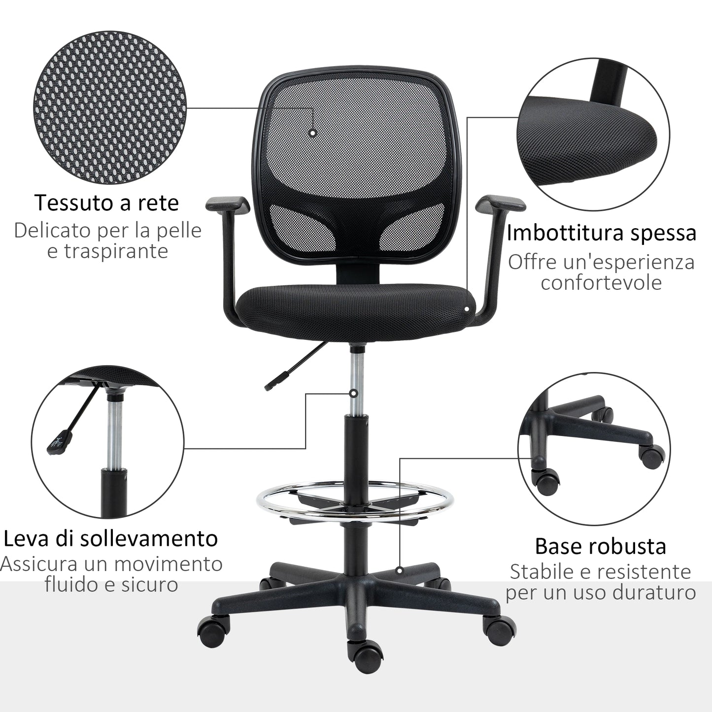 Height Adjustable Office Chair with Armrests, Wheels and Padded Seat, 60x56x110-132 cm, Black