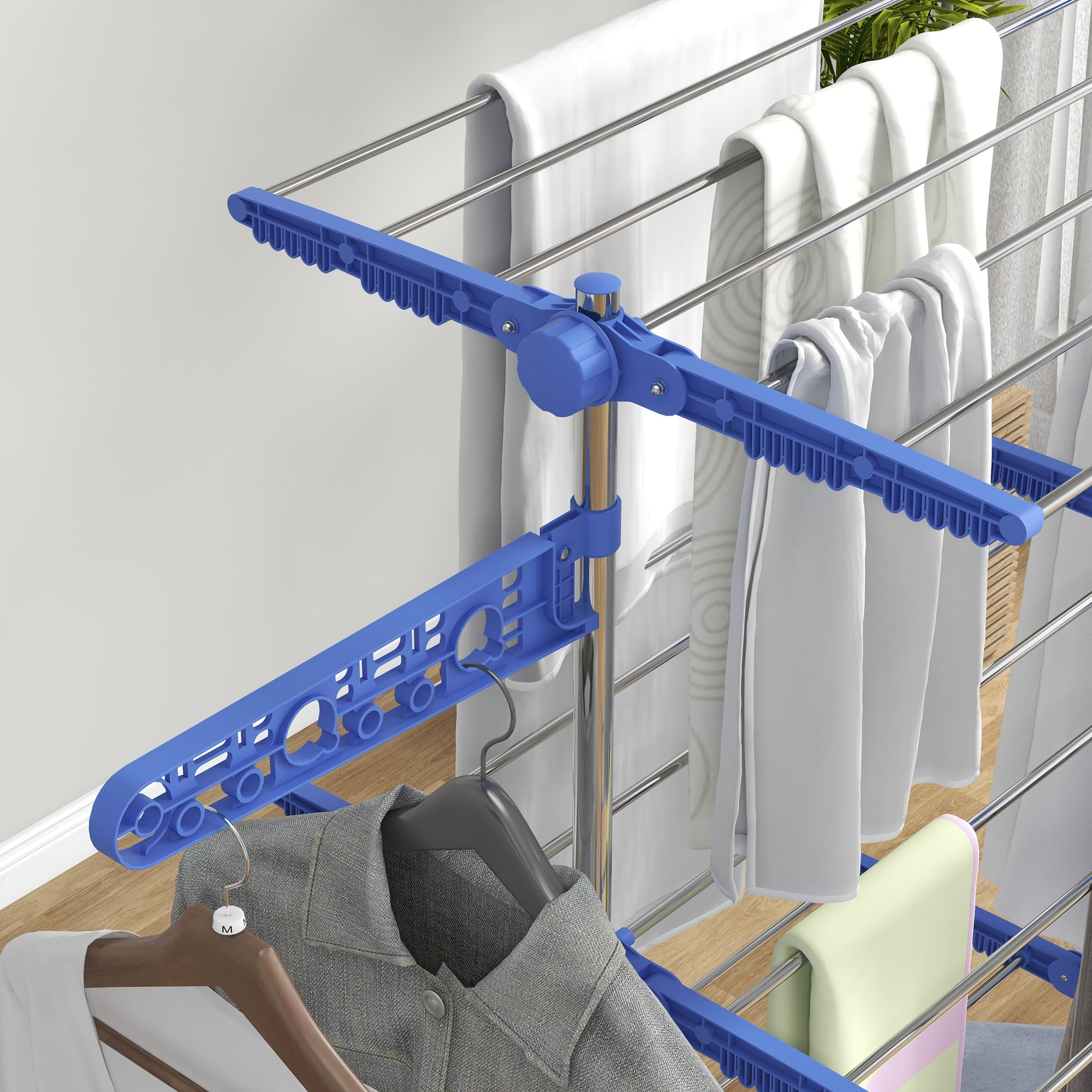 Vertical Drying Rack with 3 Adjustable Shelves, in Steel and Plastic, 142x55x152 cm, Blue and Silver