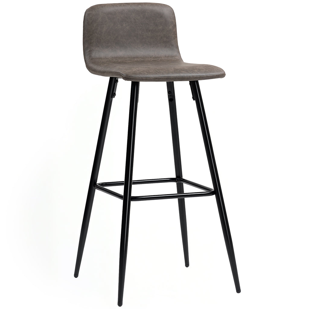 Set of 2 Bar Stools with Low Backrest and Footrest, PU Upholstery and Steel Legs, Dark Brown