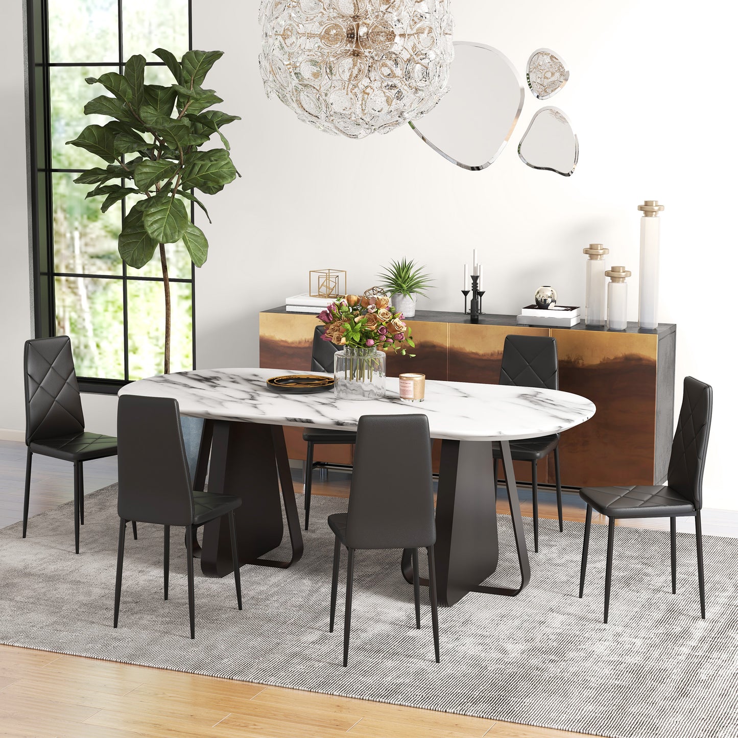 Set of 6 Modern Dining Chairs with High Back in Faux Leather and Steel, 41x50x97 cm, Black