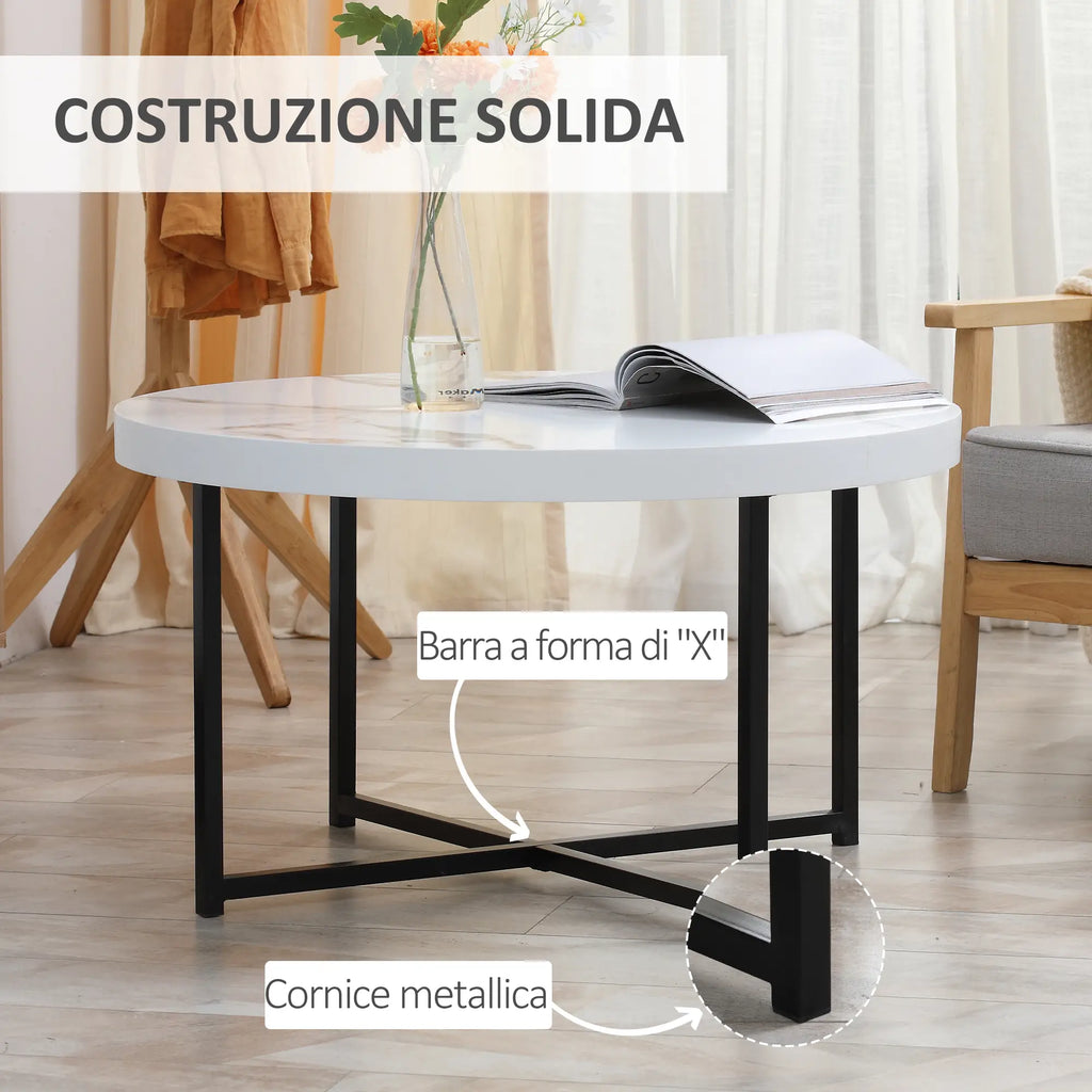 Round Coffee Table with Marble Effect MDF Top and Metal Legs, Φ80x45 cm, White