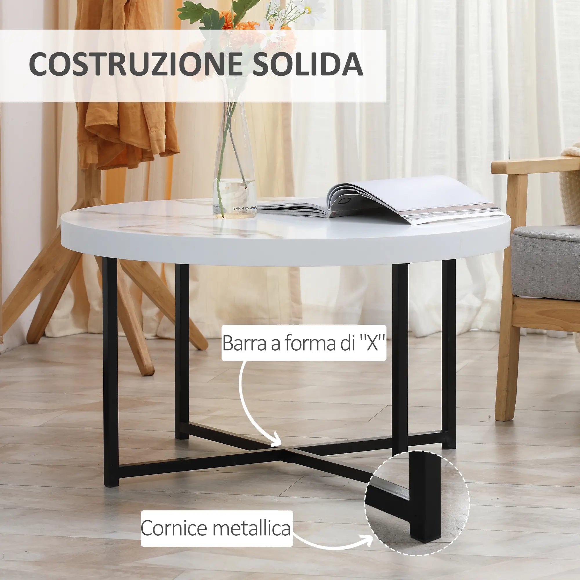 Round Coffee Table with Marble Effect MDF Top and Metal Legs, Φ80x45 cm, White