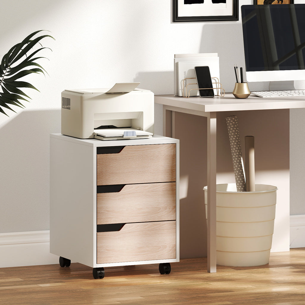 MDF Chest of Drawers with 3 Drawers and Wheels for Office or Study, White and Wood, 40x50x57.5cm