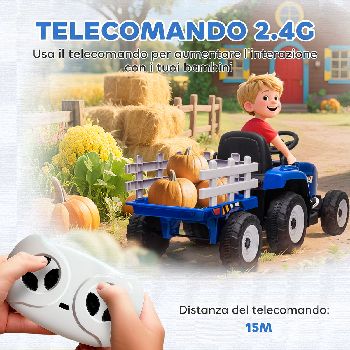 HOMCOM Electric Tractor for Kids with Removable Trailer, Remote Control, USB Port, Music and Lights, Ages 3-6 Years, Blue