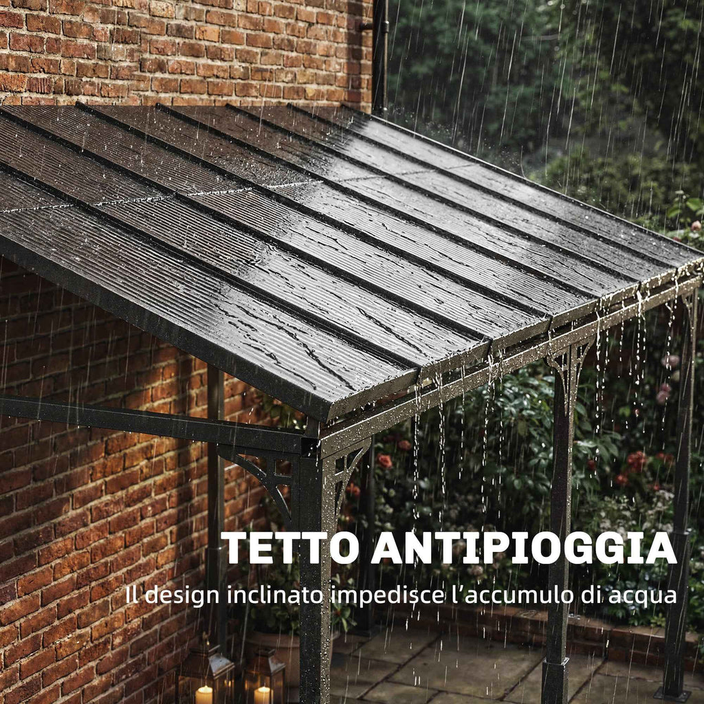 Outsunny 4x3 m Lean-to Pergola with Polycarbonate, Metal, and Aluminum Roof with Screws, Brown
