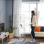 Bird Cage, Metal and Steel Aviary with Wheels, Perches and Bowls, 46.5x36x157cm, White