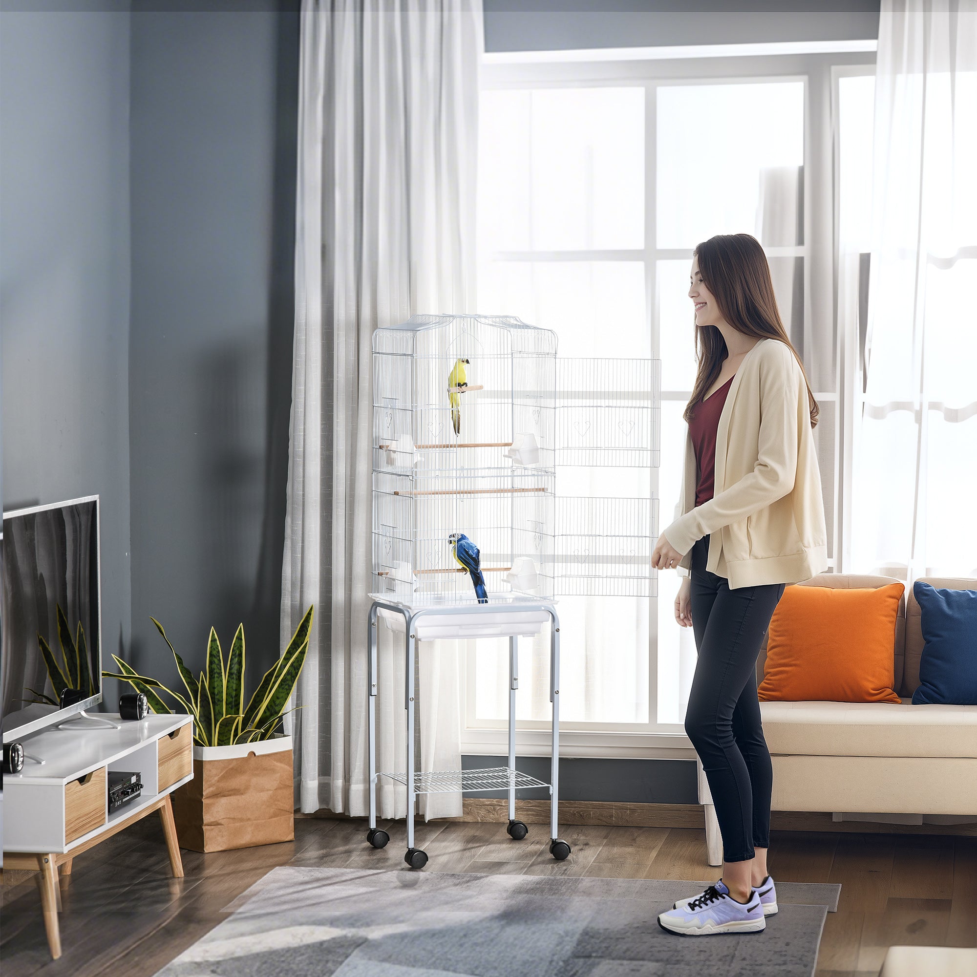 Bird Cage, Metal and Steel Aviary with Wheels, Perches and Bowls, 46.5x36x157cm, White