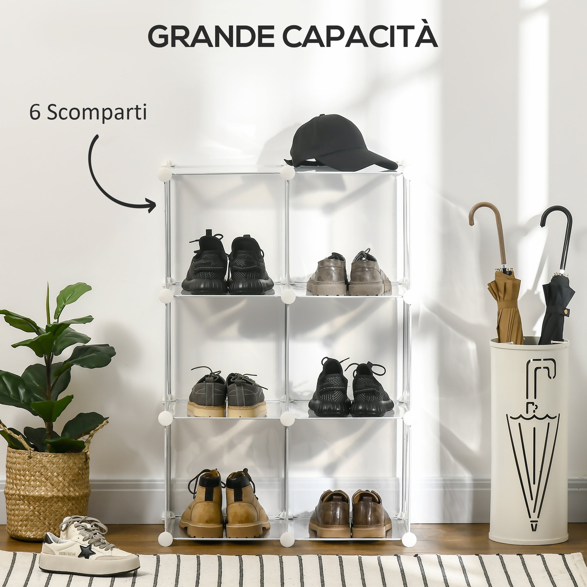 Mobile Space-saving Modular Shoe Rack, 6 Cubes in PP Plastic, 65x32x162 cm, Transparent