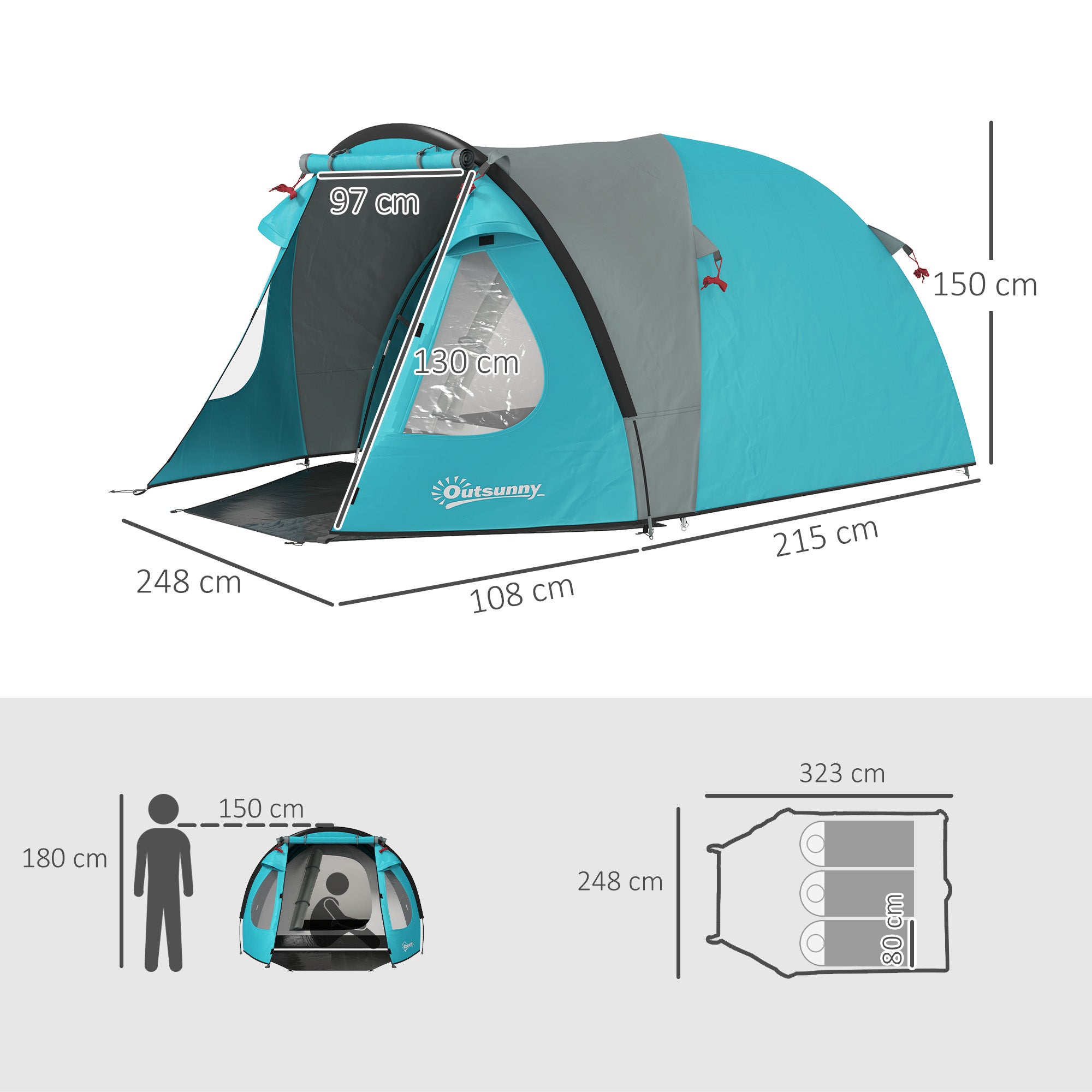 3-Person Camping Tent with Bedroom and Veranda, 3000mm Waterproof and Transport Bag, Light Blue