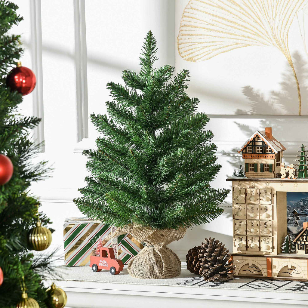 HOMCOM 55cm Mini Christmas Tree with 50 Thick Branches and Realistic PVC Needles, Cement and Jute Base