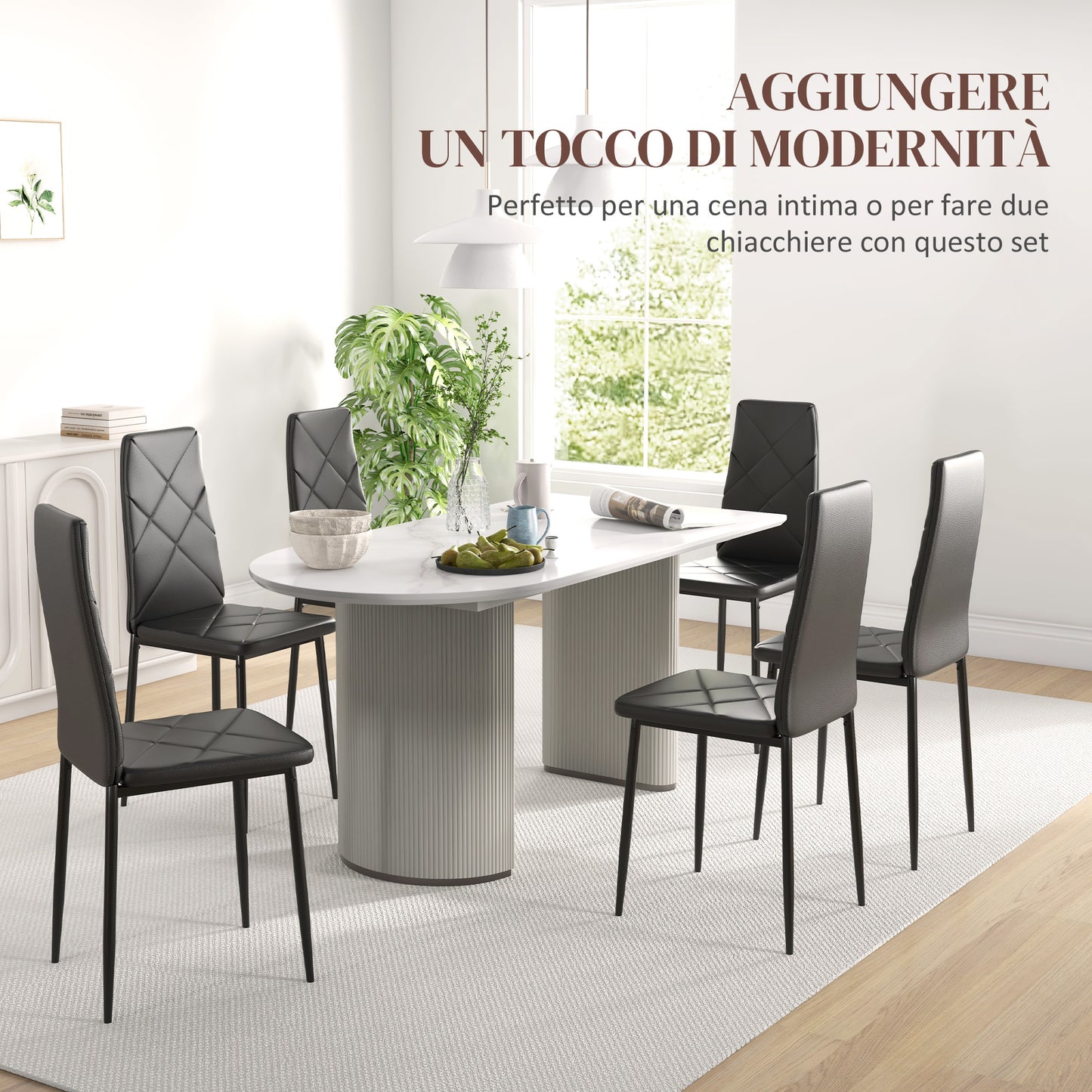 Set of 6 Modern Dining Chairs with High Back in Faux Leather and Steel, 41x50x97 cm, Black