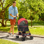 Convertible Dog Stroller with 2 Leashes and Cushion, in Steel and Polyester, 82x49.5x98 cm, Red and Black