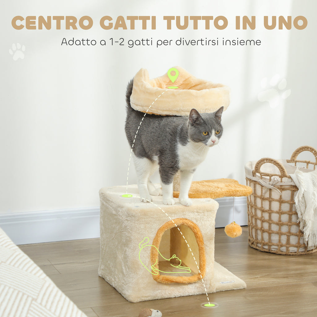 Cat Scratching Tree with Perch and House, Made of Wood, Plush and Sisal, 40x30x72 cm, Beige and Yellow