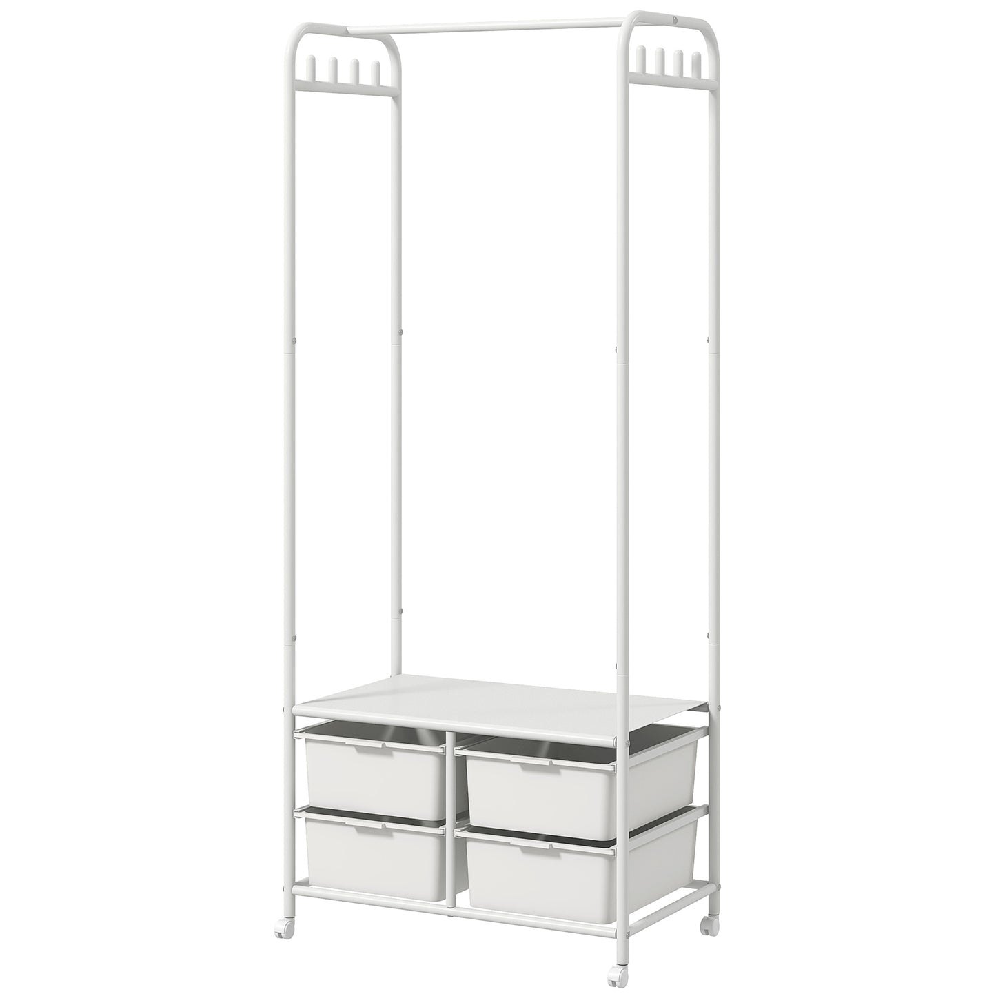 Clothes Hanger Stand with Shoe Rack with 4 Baskets and 8 Hooks, in Steel and Plastic, 63x37x153 cm, White