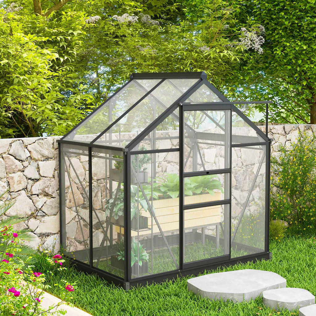 Outsunny Polycarbonate and Aluminum Garden Greenhouse with Sliding Door and Window, 190x132x201 cm, Gray