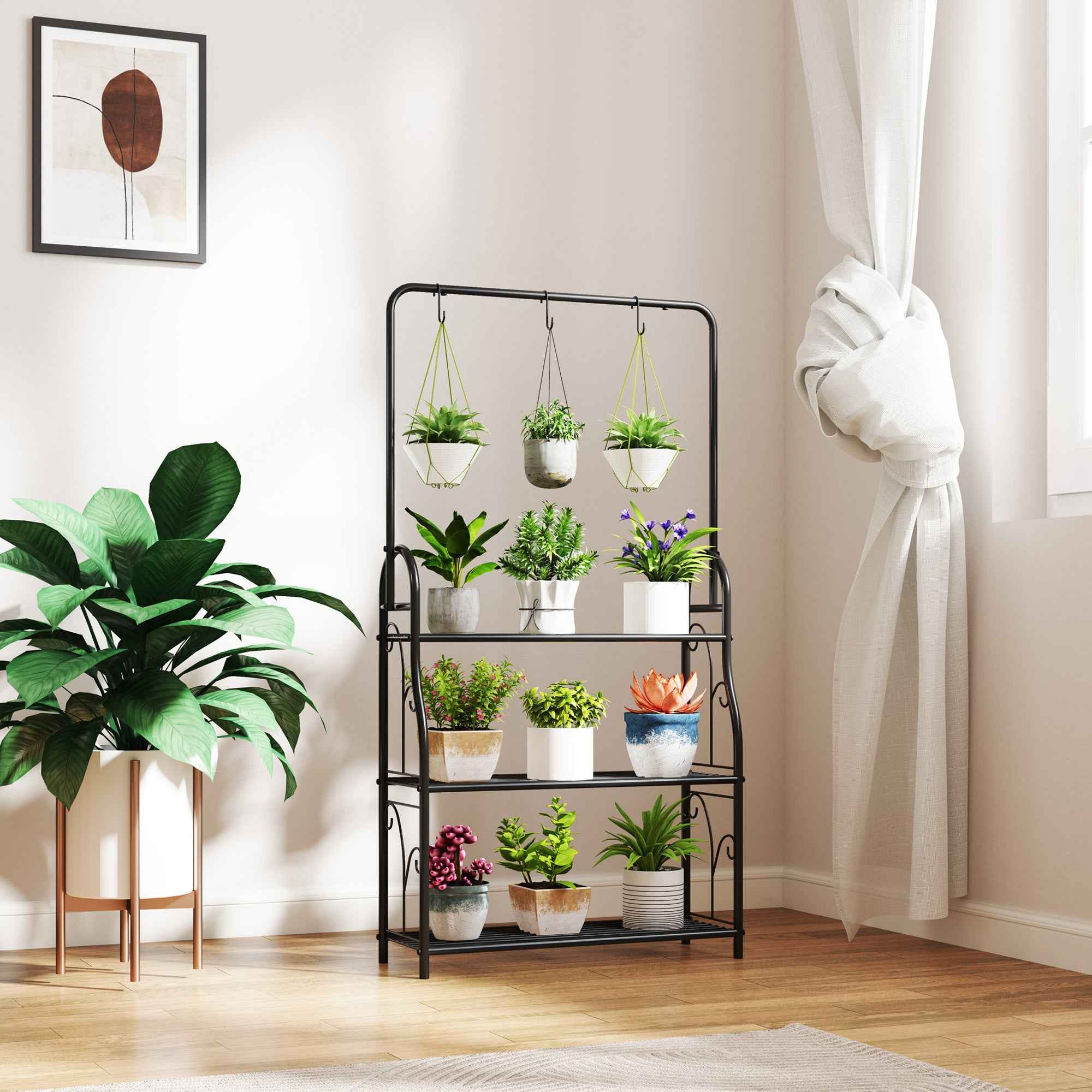 Outsunny 3-Tier Plant Stand with 3 Hooks, Metal, 162x221.5x163 cm, Black