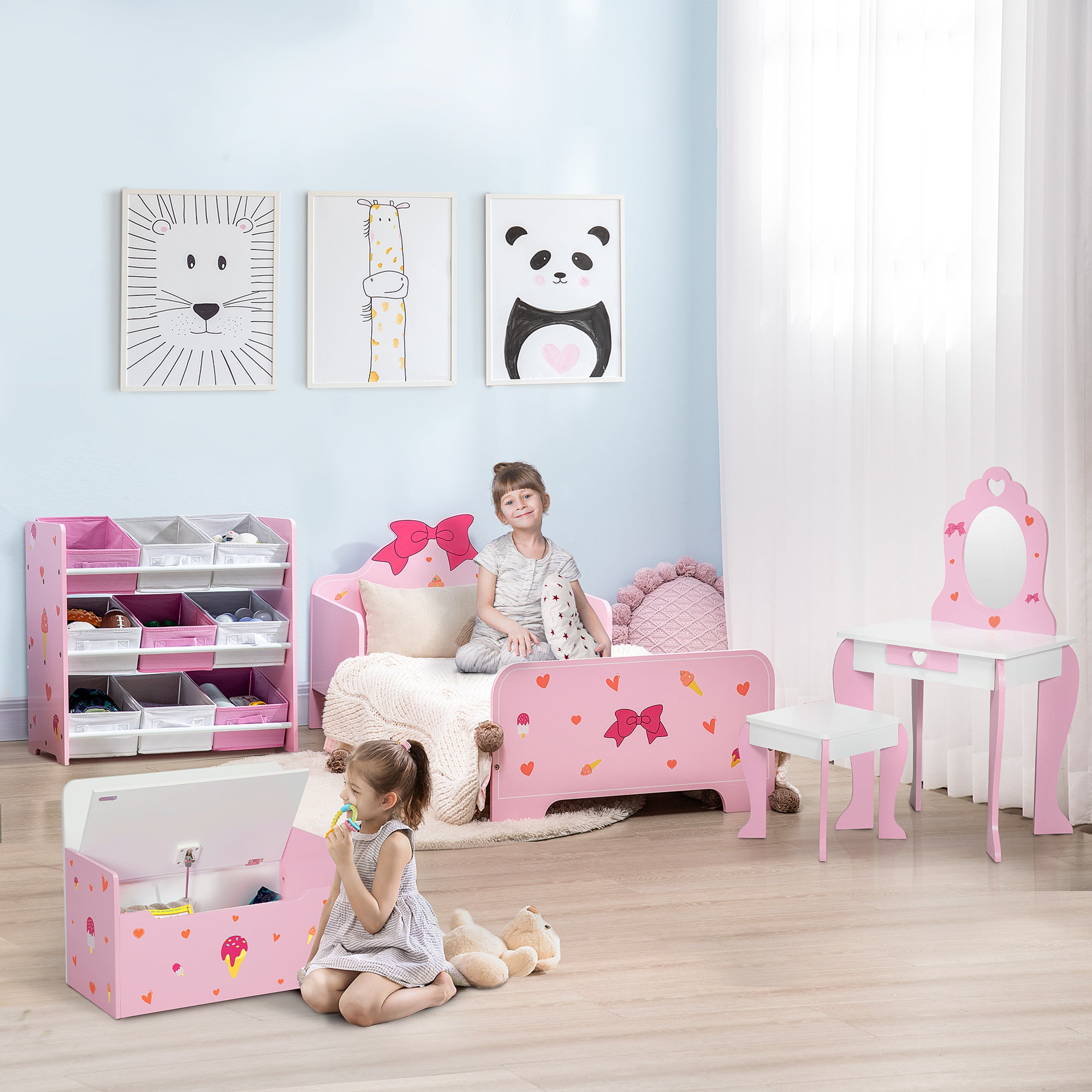 Children's Bed with Sides and Bows and Hearts Pattern, Age 3-6 Years, 143x74x59cm, Pink