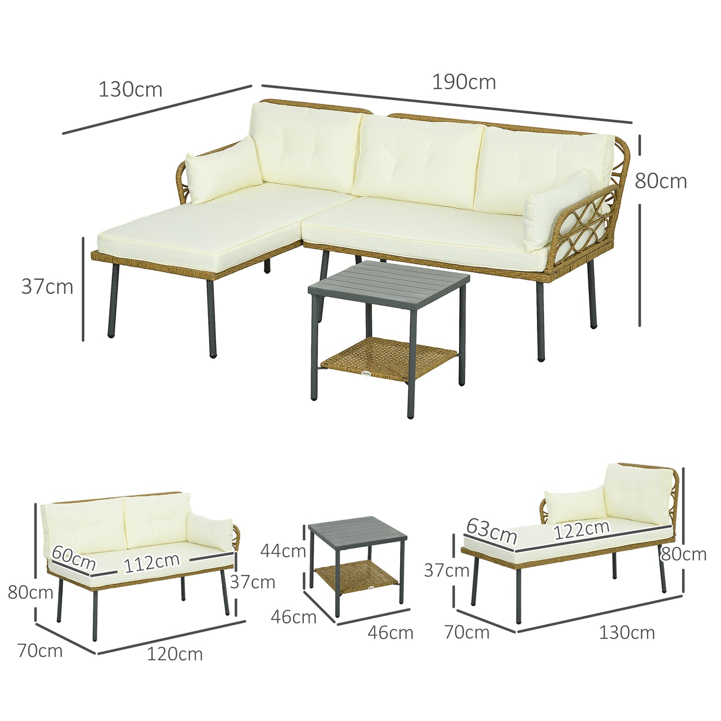 PE Rattan Garden Lounge with Chaise Longue, 2-Seater Sofa and Coffee Table, Cream - Borgè