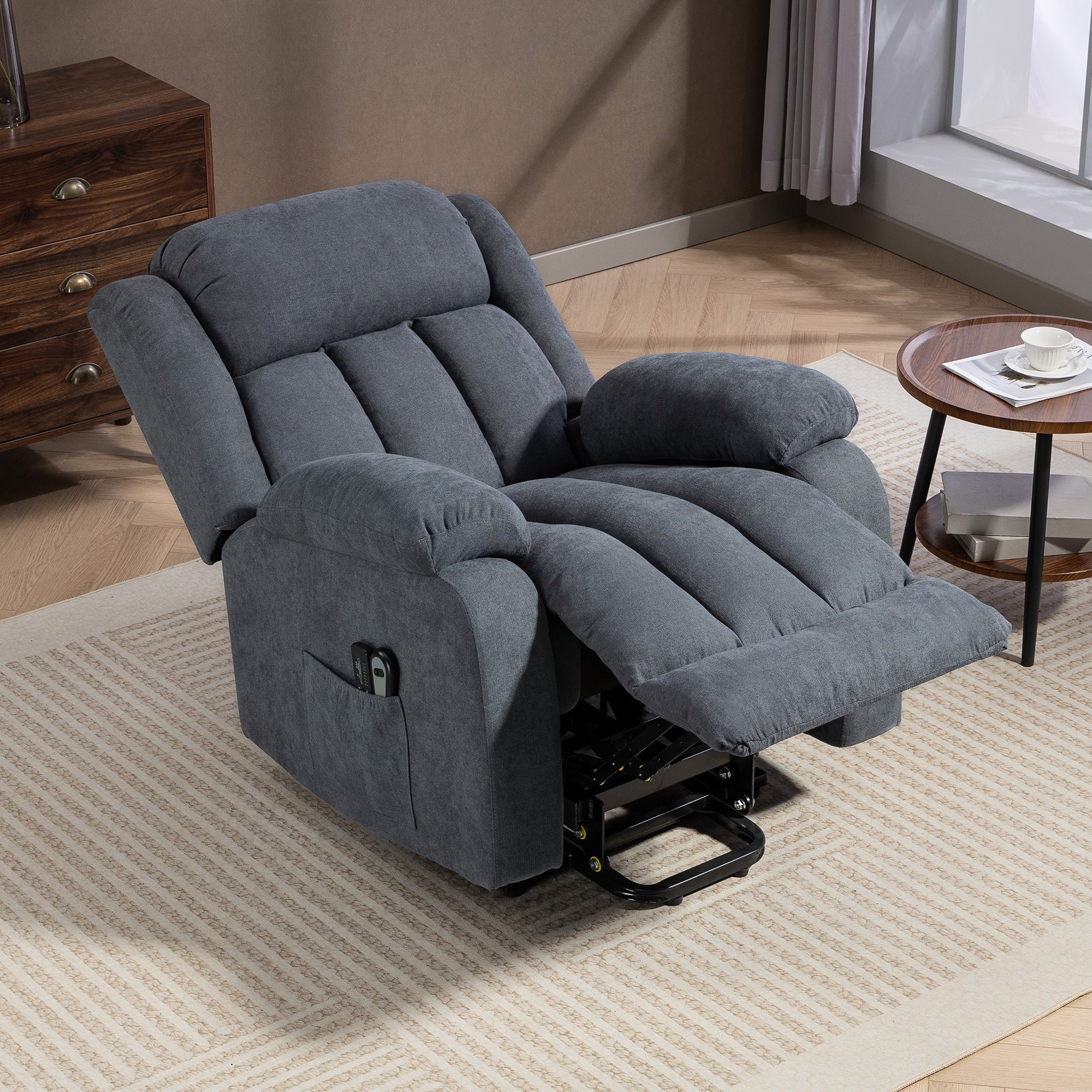 135° Electric Lift Reclining Chair in Linen Effect Fabric with Footrest, Dark Grey