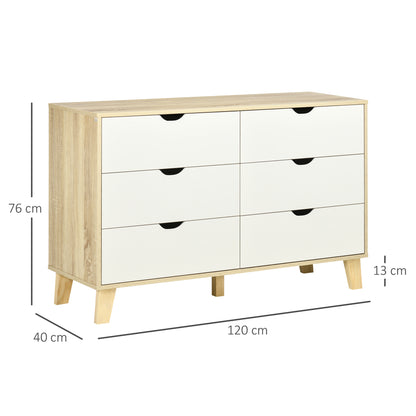 6 Drawer Chest with Carved Wooden Handles, 120x40x76 cm, White and Oak