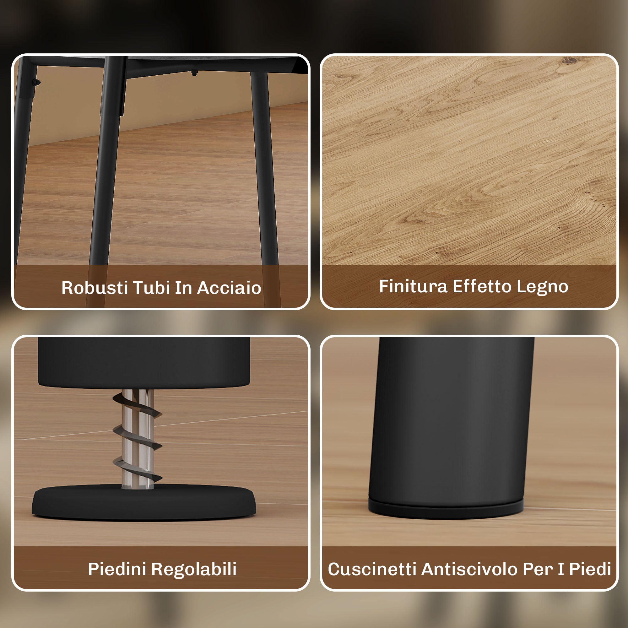 Round Dining Table Set with 4 Space-Saving Chairs in Wood and Metal, Industrial Style