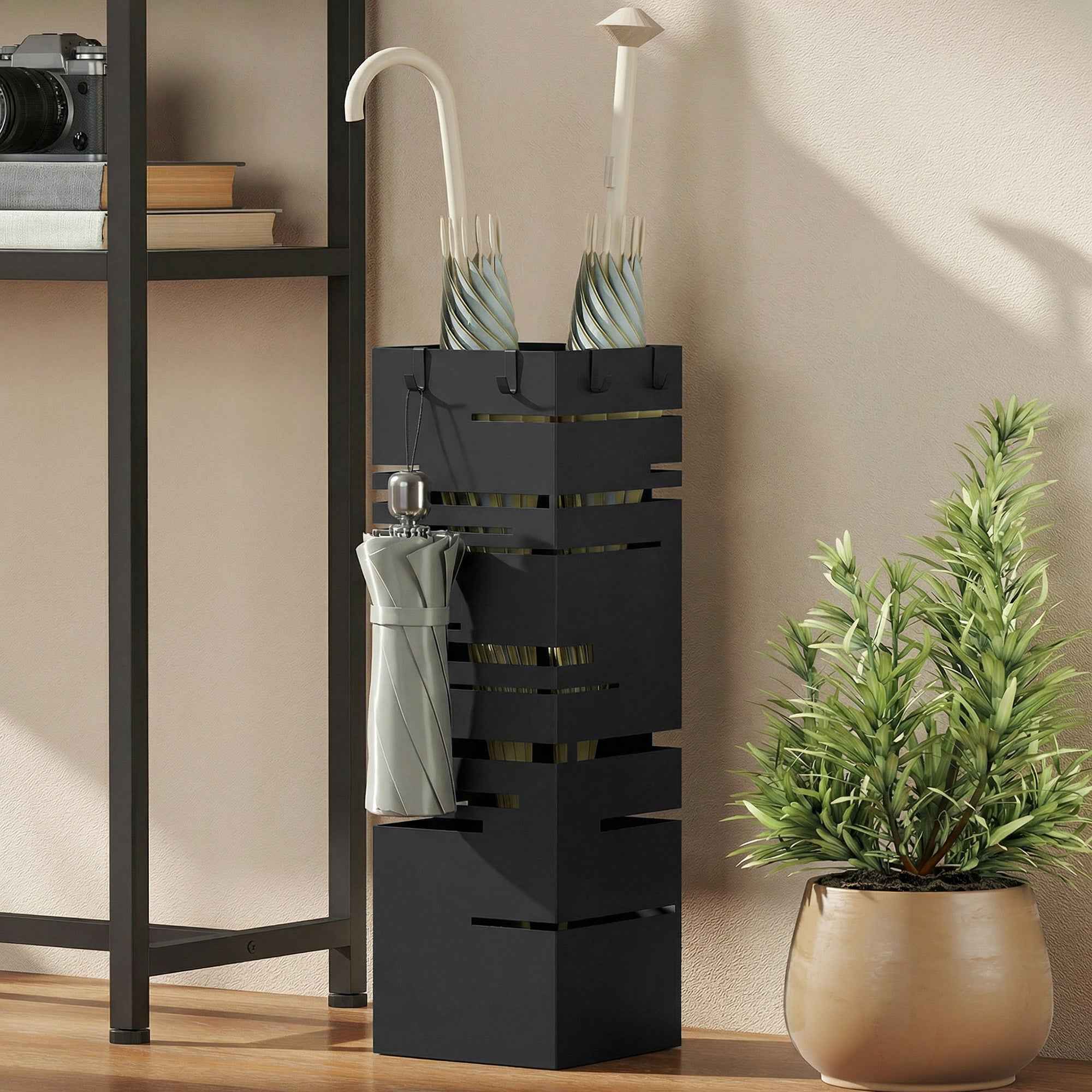 HOMCOM Freestanding Square Metal Umbrella Stand for Entryway, Black