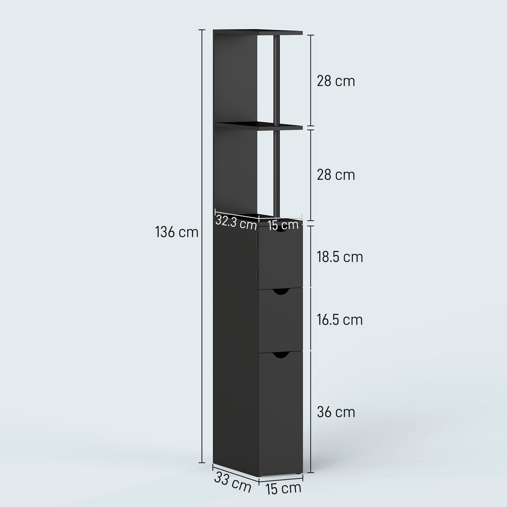 Space-Saving Wooden Column Unit with Shelves, Cabinet and Drawers, Black, 15x33x136cm