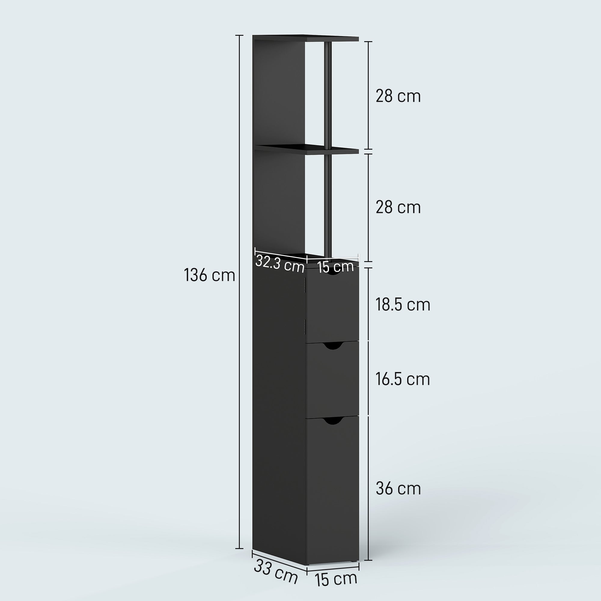 Space-Saving Wooden Column Unit with Shelves, Cabinet and Drawers, Black, 15x33x136cm