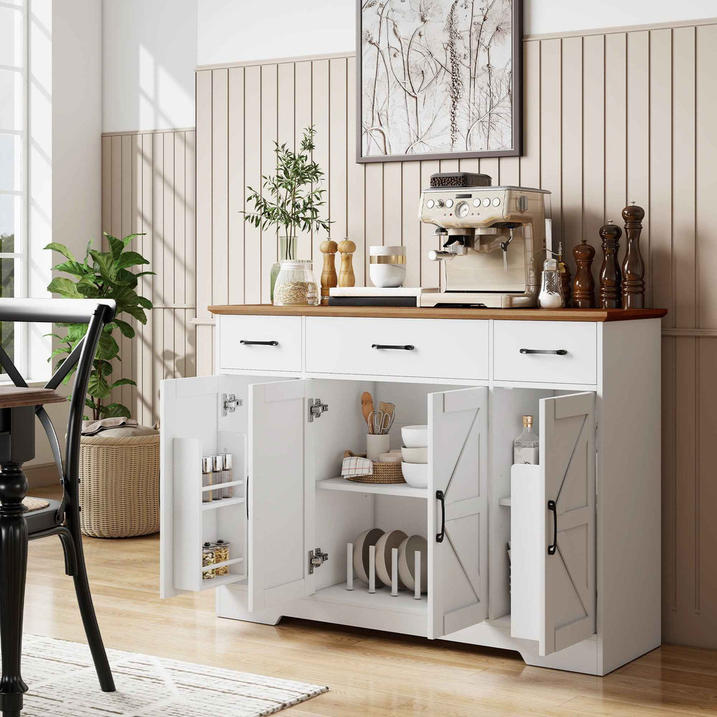 HOMCOM Rustic Kitchen Sideboard, Kitchen Cabinet with Soft-Close Doors, 3 Drawers, 3 Adjustable Shelves, Spice Rack, White