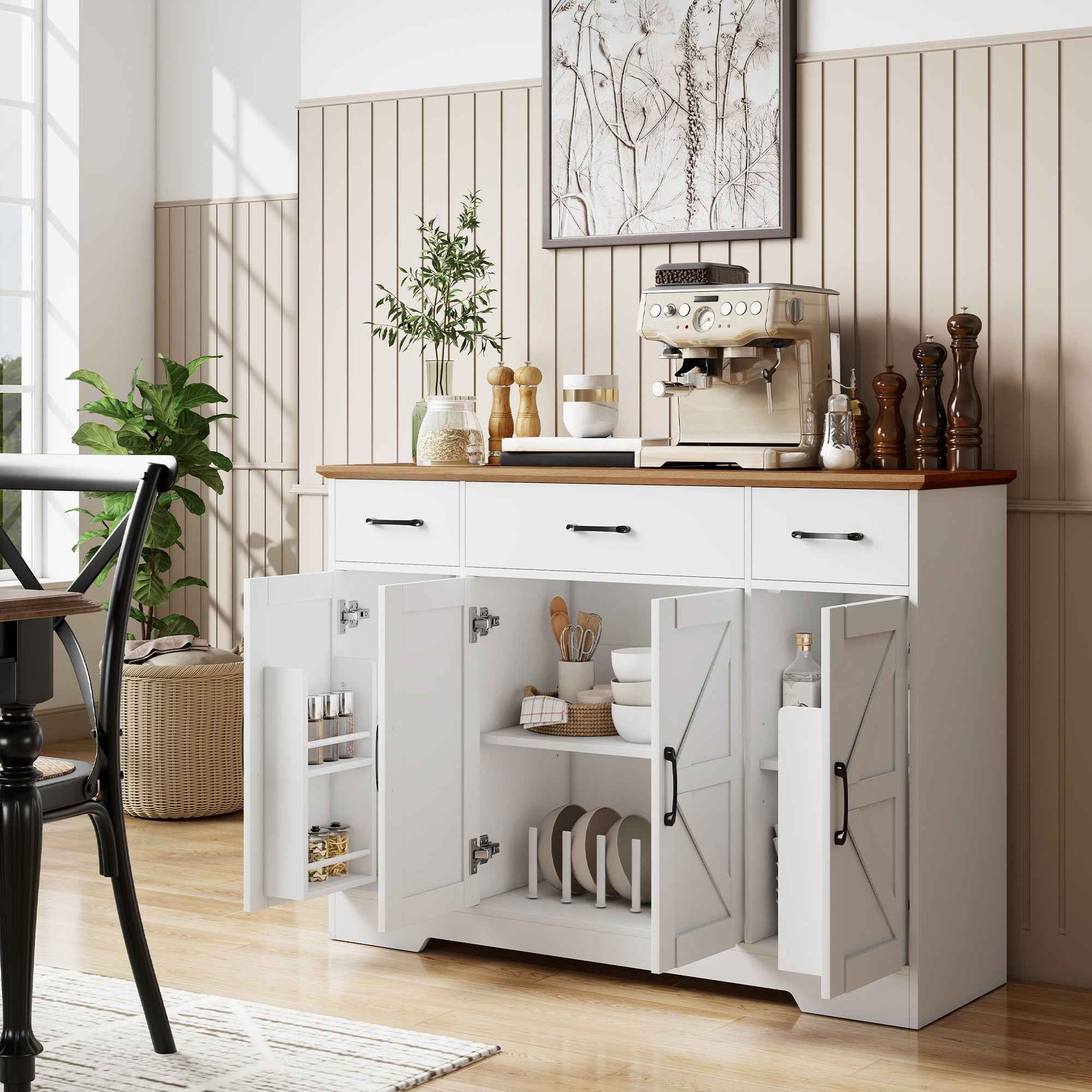 HOMCOM Rustic Kitchen Sideboard, Kitchen Cabinet with Soft-Close Doors, 3 Drawers, 3 Adjustable Shelves, Spice Rack, White