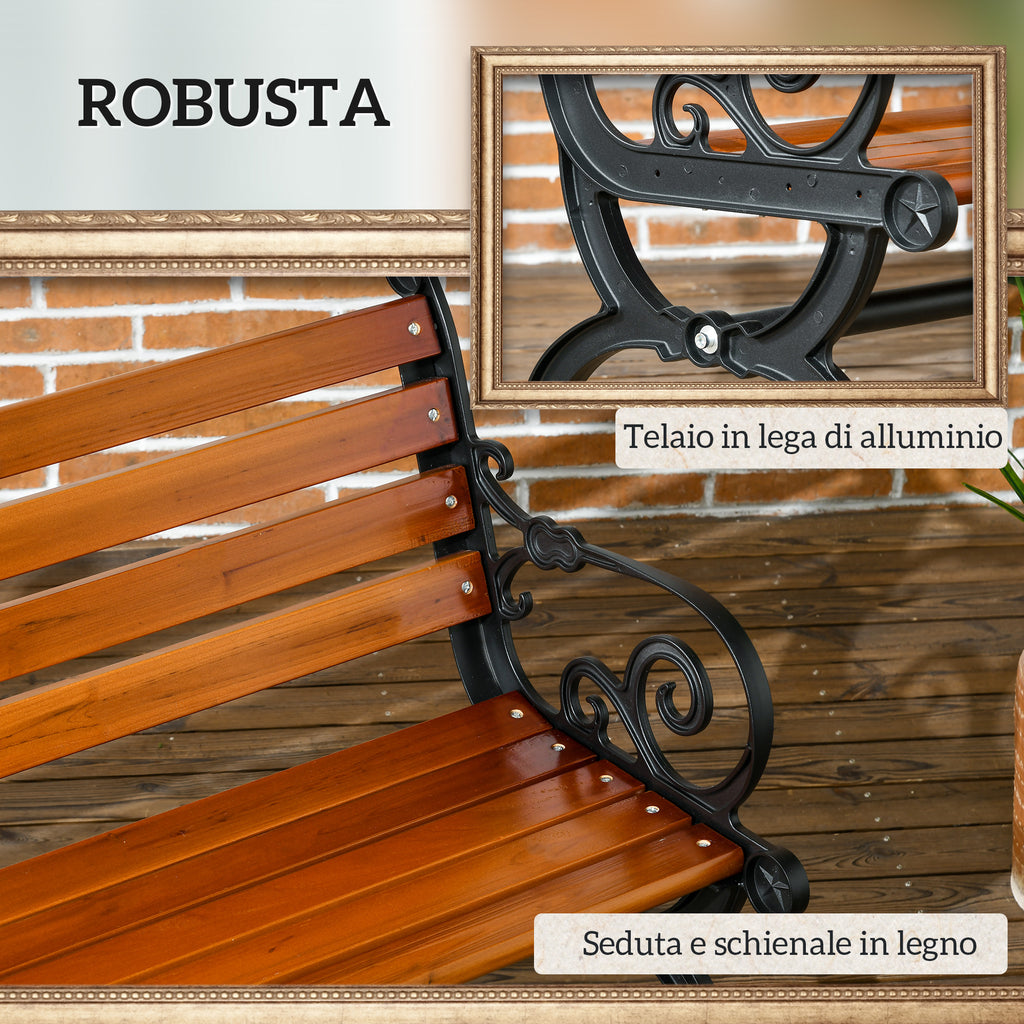 Outsunny 2-Seater Garden Bench in Aluminum and Wood with Slats and Armrests, 120x64x79cm, Teak