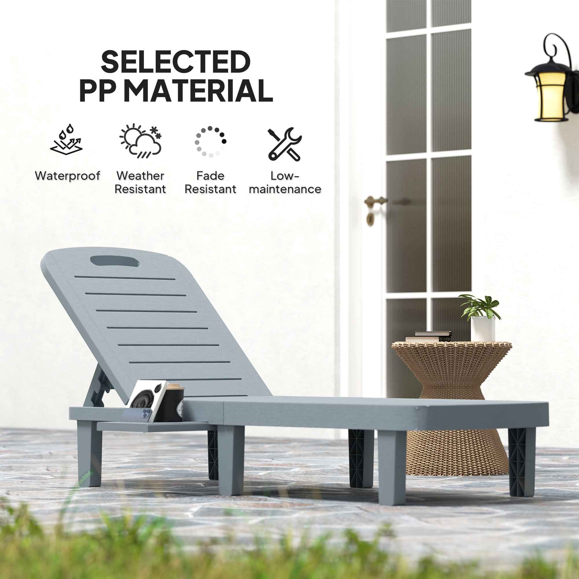 Outsunny Set of 2 Sun Loungers with Adjustable Backrest and Trays, in Polypropylene, 62x158x88 cm, Dark Grey